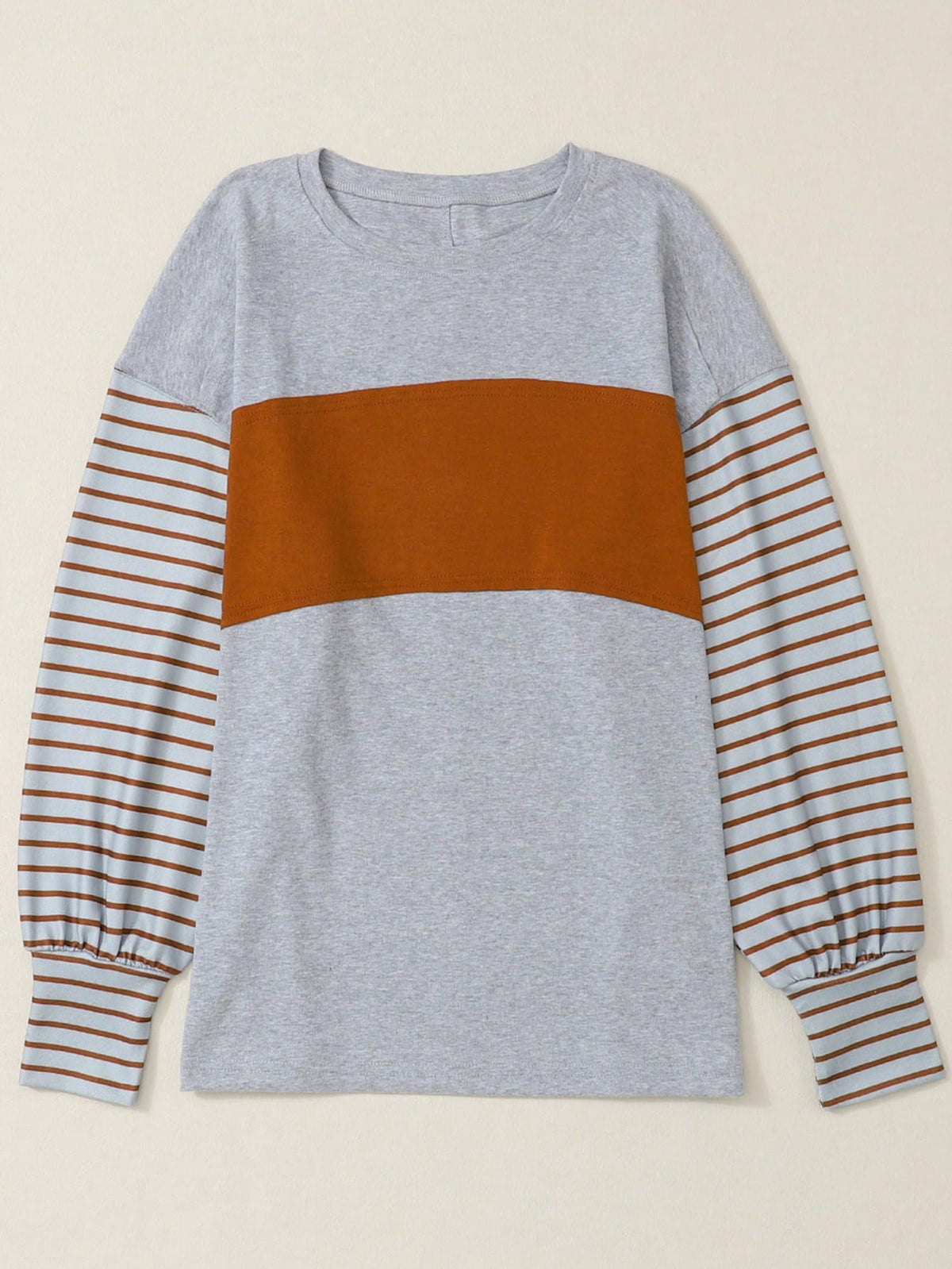 Acelitt Striped Patchwork Bishop Sleeve Crew Neck Casual Loose Top T-Shirt