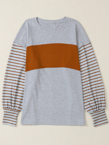 Acelitt Striped Patchwork Bishop Sleeve Crew Neck Casual Loose Top T-Shirt