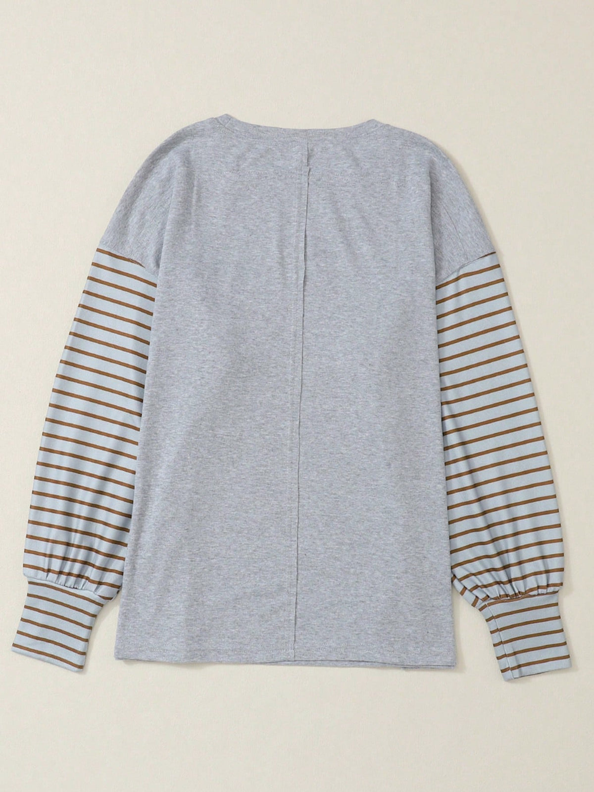 Acelitt Striped Patchwork Bishop Sleeve Crew Neck Casual Loose Top T-Shirt