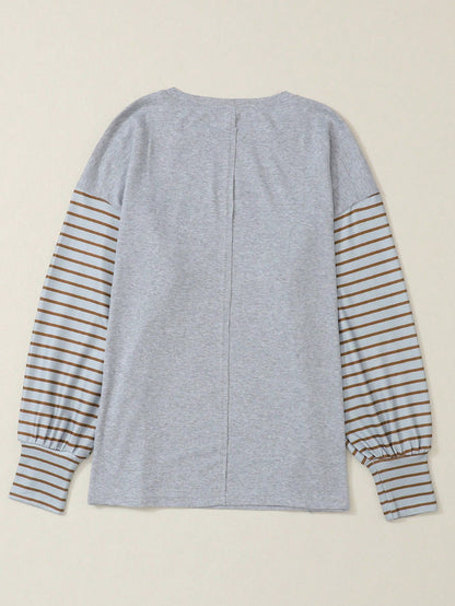 Acelitt Striped Patchwork Bishop Sleeve Crew Neck Casual Loose Top T-Shirt