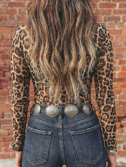 Acelitt Women's Leopard Print Mesh Stand Collar Fitted Long Sleeve Top, Suitable For Everyday Wear, Spring/Autumn Casual Brown