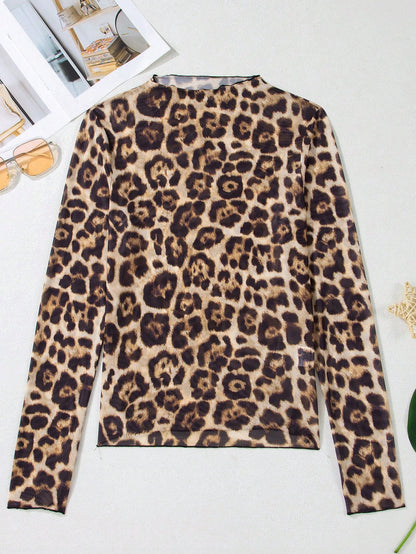 Acelitt Women's Leopard Print Mesh Stand Collar Fitted Long Sleeve Top, Suitable For Everyday Wear, Spring/Autumn Casual Brown