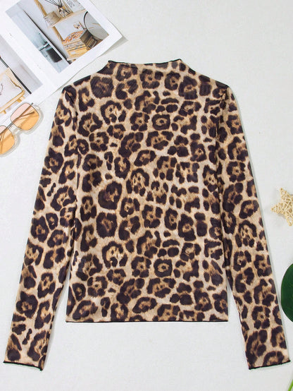 Acelitt Women's Leopard Print Mesh Stand Collar Fitted Long Sleeve Top, Suitable For Everyday Wear, Spring/Autumn Casual Brown