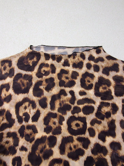 Acelitt Women's Leopard Print Mesh Stand Collar Fitted Long Sleeve Top, Suitable For Everyday Wear, Spring/Autumn Casual Brown