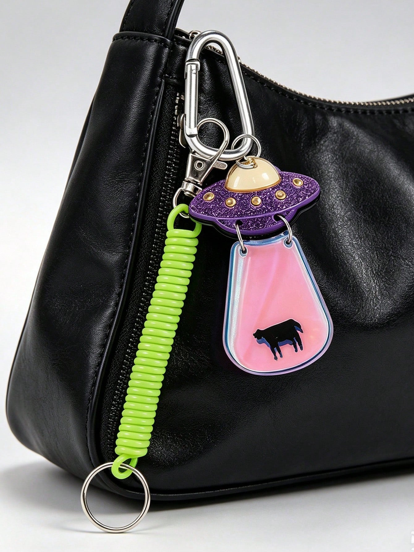 Acrylic Rainbow UFO Spaceship Lightning Alien Pendant Charm, Interstellar Element, D-Shaped Clasp, Fluorescent Green Elastic Rope, Funny Quirky Green Alien Acrylic Keychain/Phone Lanyard, Car Decorati