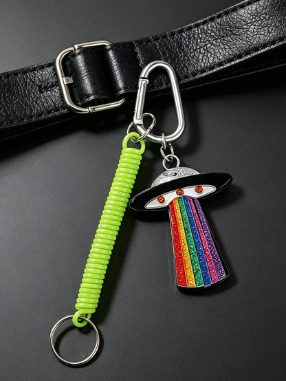 Acrylic Rainbow UFO Spaceship Lightning Alien Pendant Charm, Interstellar Element, D-Shaped Clasp, Fluorescent Green Elastic Rope, Funny Quirky Green Alien Acrylic Keychain/Phone Lanyard, Car Decorati