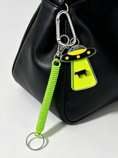 Acrylic Rainbow UFO Spaceship Lightning Alien Pendant Charm, Interstellar Element, D-Shaped Clasp, Fluorescent Green Elastic Rope, Funny Quirky Green Alien Acrylic Keychain/Phone Lanyard, Car Decorati
