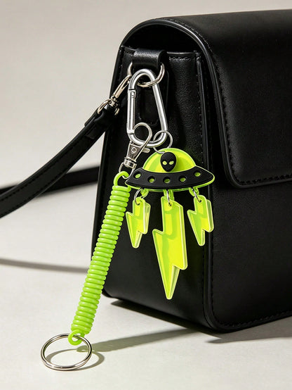 Acrylic Rainbow UFO Spaceship Lightning Alien Pendant Charm, Interstellar Element, D-Shaped Clasp, Fluorescent Green Elastic Rope, Funny Quirky Green Alien Acrylic Keychain/Phone Lanyard, Car Decorati