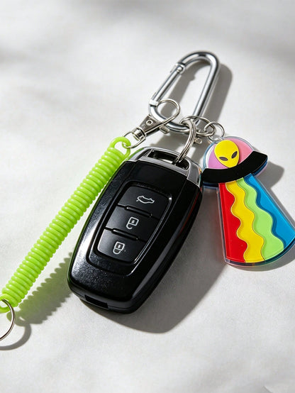 Acrylic Rainbow UFO Spaceship Lightning Alien Pendant Charm, Interstellar Element, D-Shaped Clasp, Fluorescent Green Elastic Rope, Funny Quirky Green Alien Acrylic Keychain/Phone Lanyard, Car Decorati