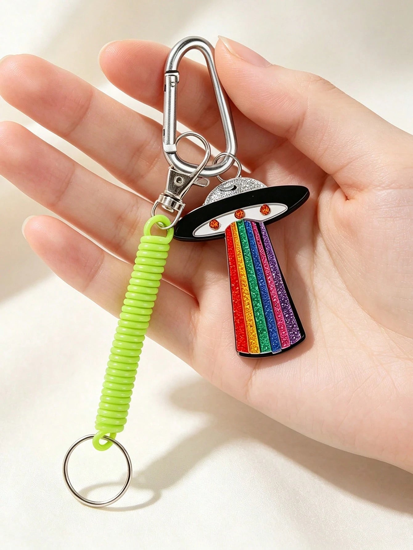 Acrylic Rainbow UFO Spaceship Lightning Alien Pendant Charm, Interstellar Element, D-Shaped Clasp, Fluorescent Green Elastic Rope, Funny Quirky Green Alien Acrylic Keychain/Phone Lanyard, Car Decorati