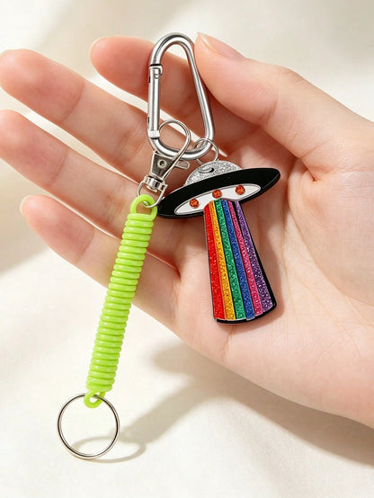 Acrylic Rainbow UFO Spaceship Lightning Alien Pendant Charm, Interstellar Element, D-Shaped Clasp, Fluorescent Green Elastic Rope, Funny Quirky Green Alien Acrylic Keychain/Phone Lanyard, Car Decorati