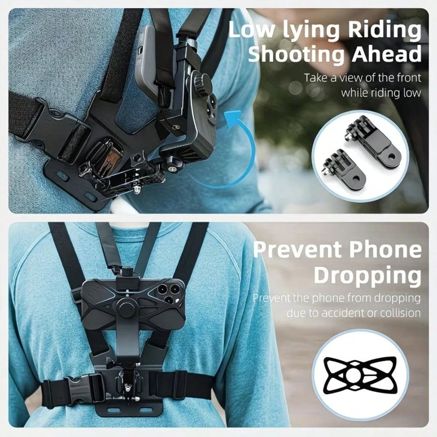 Adjustable Chest Mount Phone Holder Harness, Action Camera- Black Soft Pouch Design, Suitable For Cycling, Kayaking, Fishing, Skateboarding POV/VLOG Recording, Adventure Gear