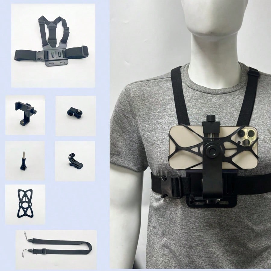 Adjustable Chest Mount Phone Holder Harness, Action Camera- Black Soft Pouch Design, Suitable For Cycling, Kayaking, Fishing, Skateboarding POV/VLOG Recording, Adventure Gear