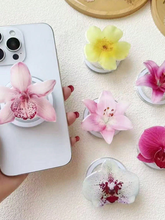 Adjustable Flower Element Push-Pull Phone Bracket 1pc Spring/Summer Artificial Flower Magnetic Air Cushion Phone Holder, Elegant Orchid Design, Magsafe Style, Suitable For Desk, Dorm, Spring Gift