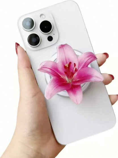 Adjustable Flower Element Push-Pull Phone Bracket 1pc Spring/Summer Artificial Flower Magnetic Air Cushion Phone Holder, Elegant Orchid Design, Magsafe Style, Suitable For Desk, Dorm, Spring Gift