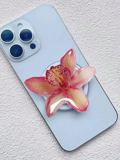 Adjustable Flower Element Push-Pull Phone Bracket 1pc Spring/Summer Artificial Flower Magnetic Air Cushion Phone Holder, Elegant Orchid Design, Magsafe Style, Suitable For Desk, Dorm, Spring Gift
