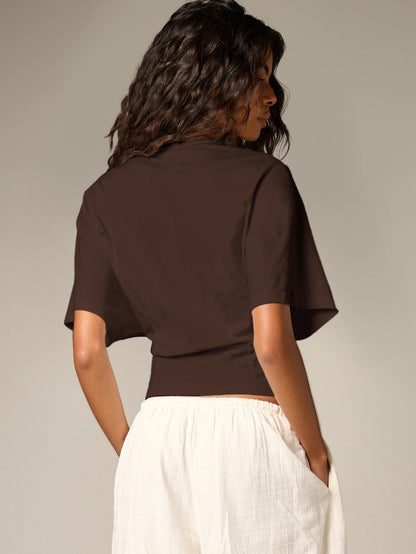 AiiRZ Ruched Cinched Crop T-Shirt With Short Sleeves Round Neck Casual Summer Everyday Top