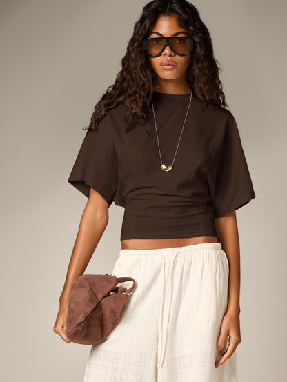 AiiRZ Ruched Cinched Crop T-Shirt With Short Sleeves Round Neck Casual Summer Everyday Top