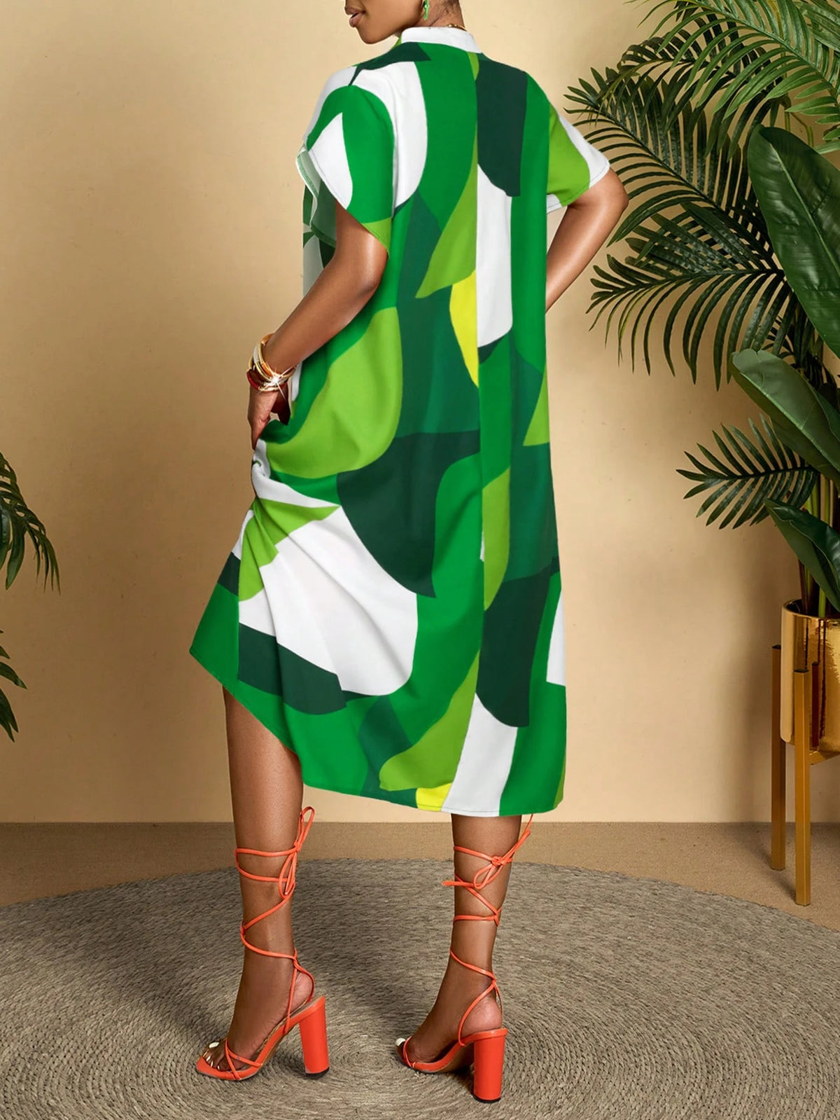 AIJ Amarilo Women's Green Casual Abstract Print Short Sleeve Midi Dress With Ruffle Detail And Straight Hem Elegant Summer