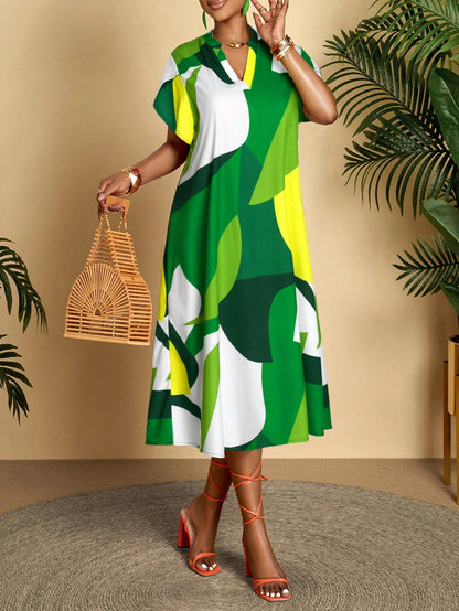 AIJ Amarilo Women's Green Casual Abstract Print Short Sleeve Midi Dress With Ruffle Detail And Straight Hem Elegant Summer