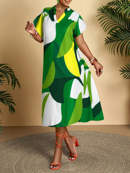 AIJ Amarilo Women's Green Casual Abstract Print Short Sleeve Midi Dress With Ruffle Detail And Straight Hem Elegant Summer