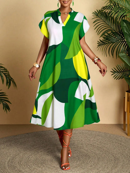 AIJ Amarilo Women's Green Casual Abstract Print Short Sleeve Midi Dress With Ruffle Detail And Straight Hem Elegant Summer