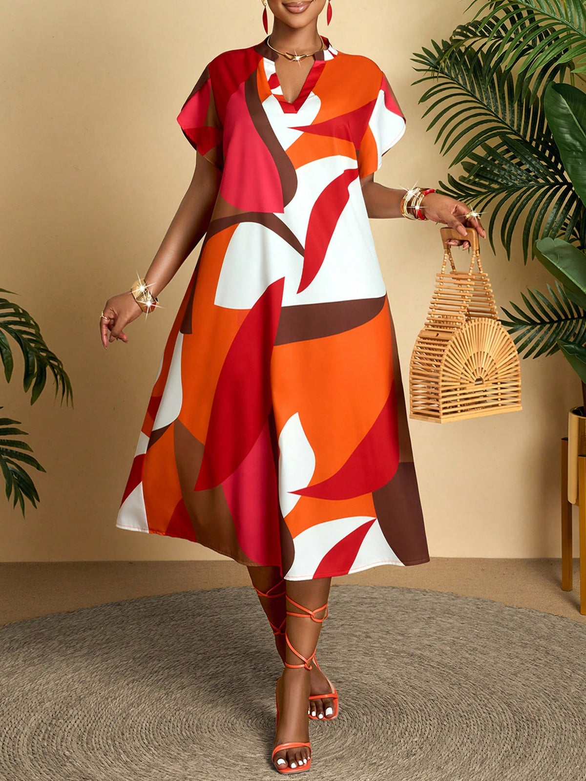 AIJ Amarilo Women's Green Casual Abstract Print Short Sleeve Midi Dress With Ruffle Detail And Straight Hem Elegant Summer