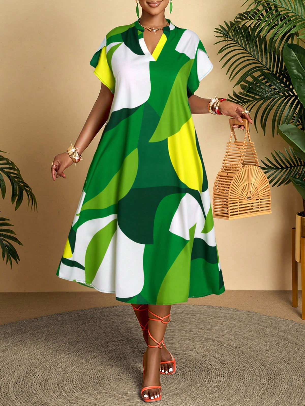 AIJ Amarilo Women's Green Casual Abstract Print Short Sleeve Midi Dress With Ruffle Detail And Straight Hem Elegant Summer