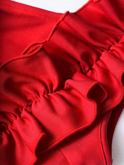 AIJ Women's Solid Color Asymmetric Shoulder Ruffle Pleated Design Sleeveless Elegant Charming Slit Dress Summer Red