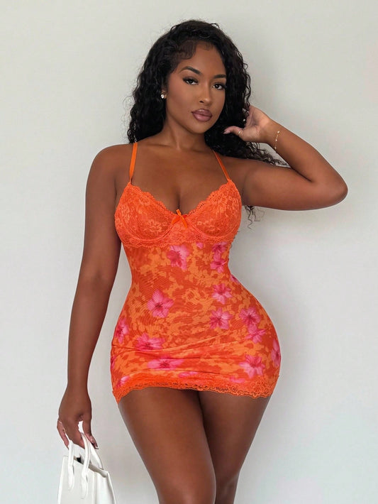 Alexandranx Lace Cup Detail Tropical Floral Mesh Bodycon Mini Dress,Bohemian Clothes