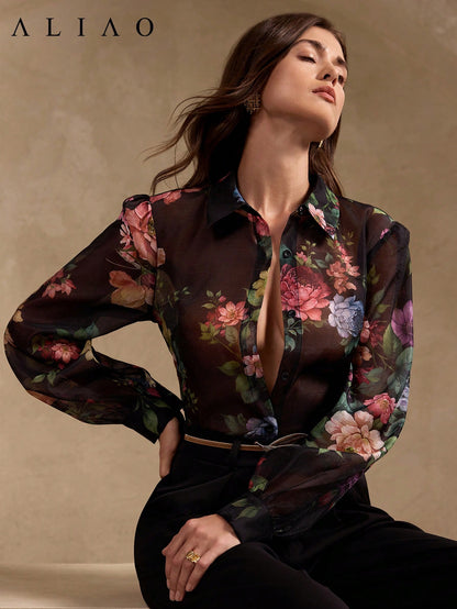 ALIAO Spring/Autumn Black Base Pink Floral Print Sheer Long Sleeve Shirt, Casual Vacation Style, Daily Wear Summer