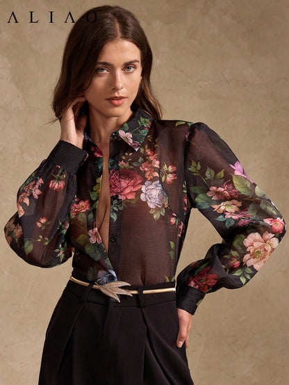 ALIAO Spring/Autumn Black Base Pink Floral Print Sheer Long Sleeve Shirt, Casual Vacation Style, Daily Wear Summer