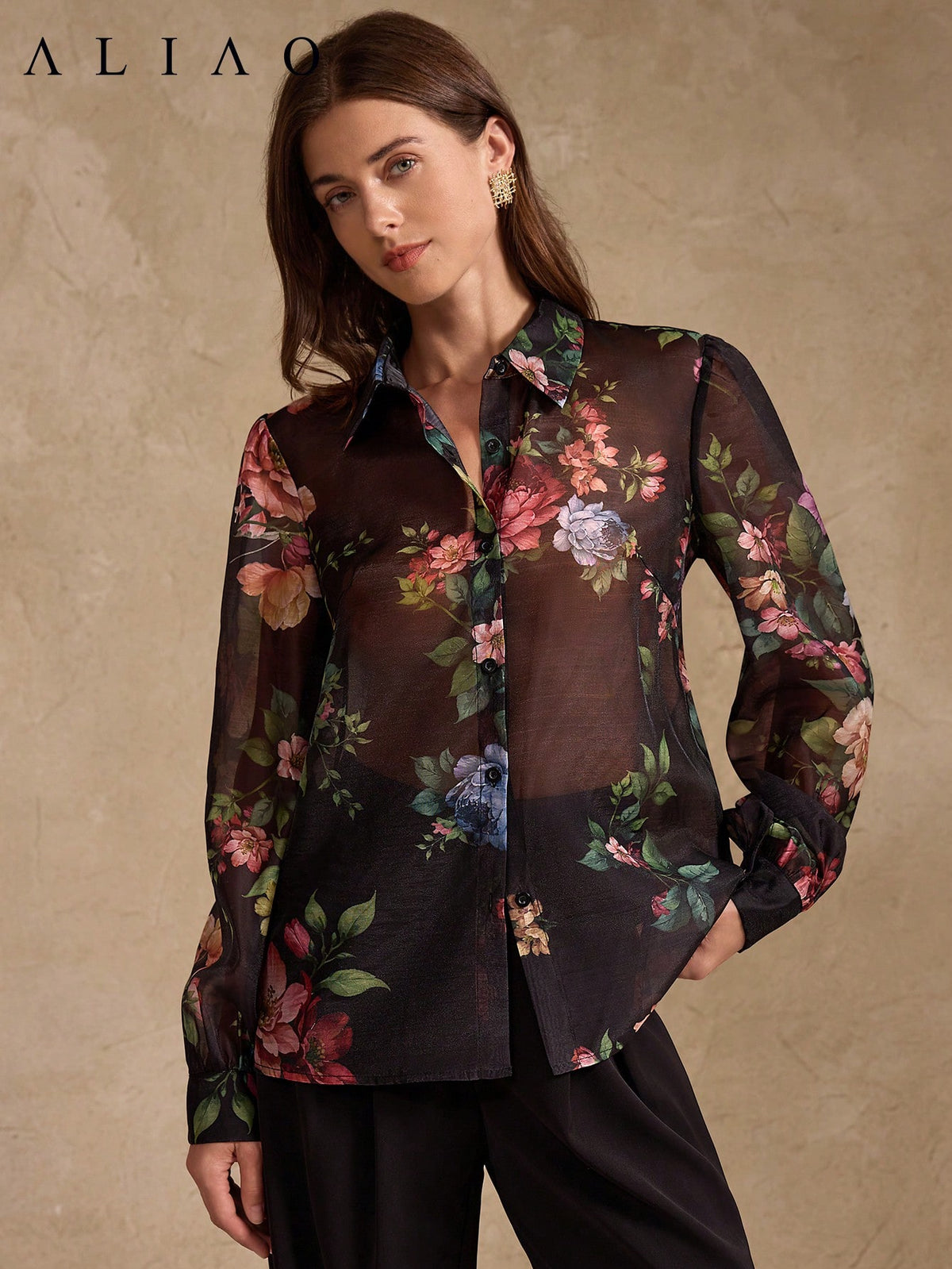 ALIAO Spring/Autumn Black Base Pink Floral Print Sheer Long Sleeve Shirt, Casual Vacation Style, Daily Wear Summer