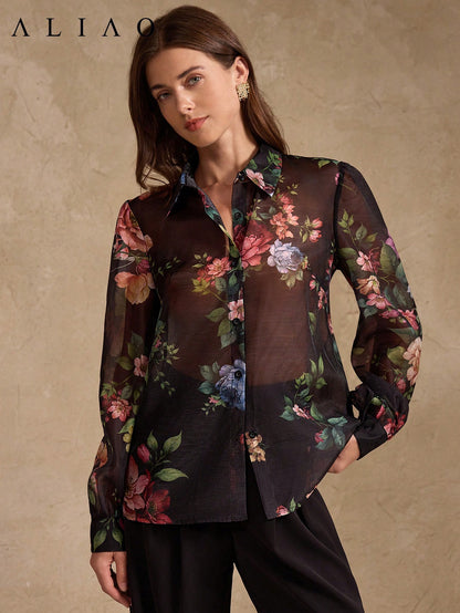 ALIAO Spring/Autumn Black Base Pink Floral Print Sheer Long Sleeve Shirt, Casual Vacation Style, Daily Wear Summer
