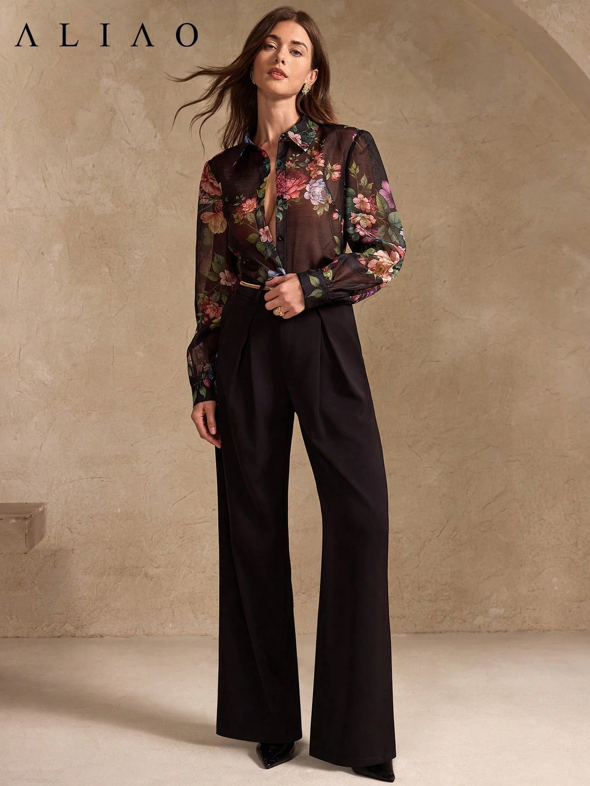 ALIAO Spring/Autumn Black Base Pink Floral Print Sheer Long Sleeve Shirt, Casual Vacation Style, Daily Wear Summer