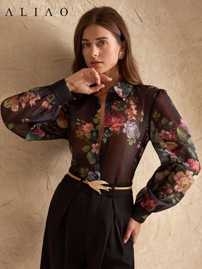 ALIAO Spring/Autumn Black Base Pink Floral Print Sheer Long Sleeve Shirt, Casual Vacation Style, Daily Wear Summer
