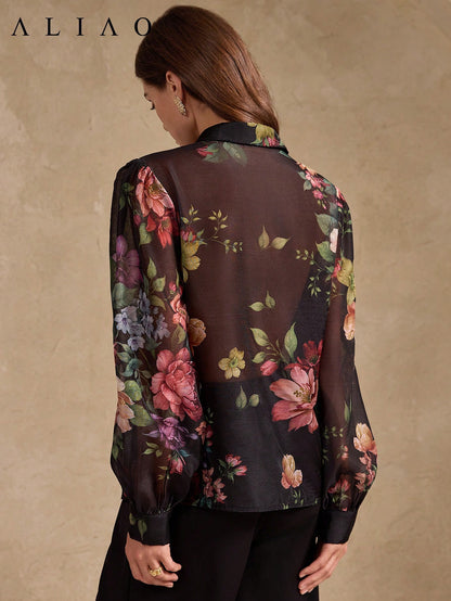 ALIAO Spring/Autumn Black Base Pink Floral Print Sheer Long Sleeve Shirt, Casual Vacation Style, Daily Wear Summer