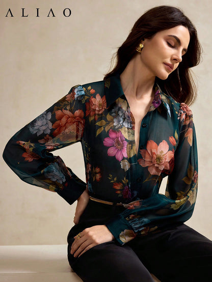 ALIAO Spring/Autumn Black Base Pink Floral Print Sheer Long Sleeve Shirt, Casual Vacation Style, Daily Wear Summer