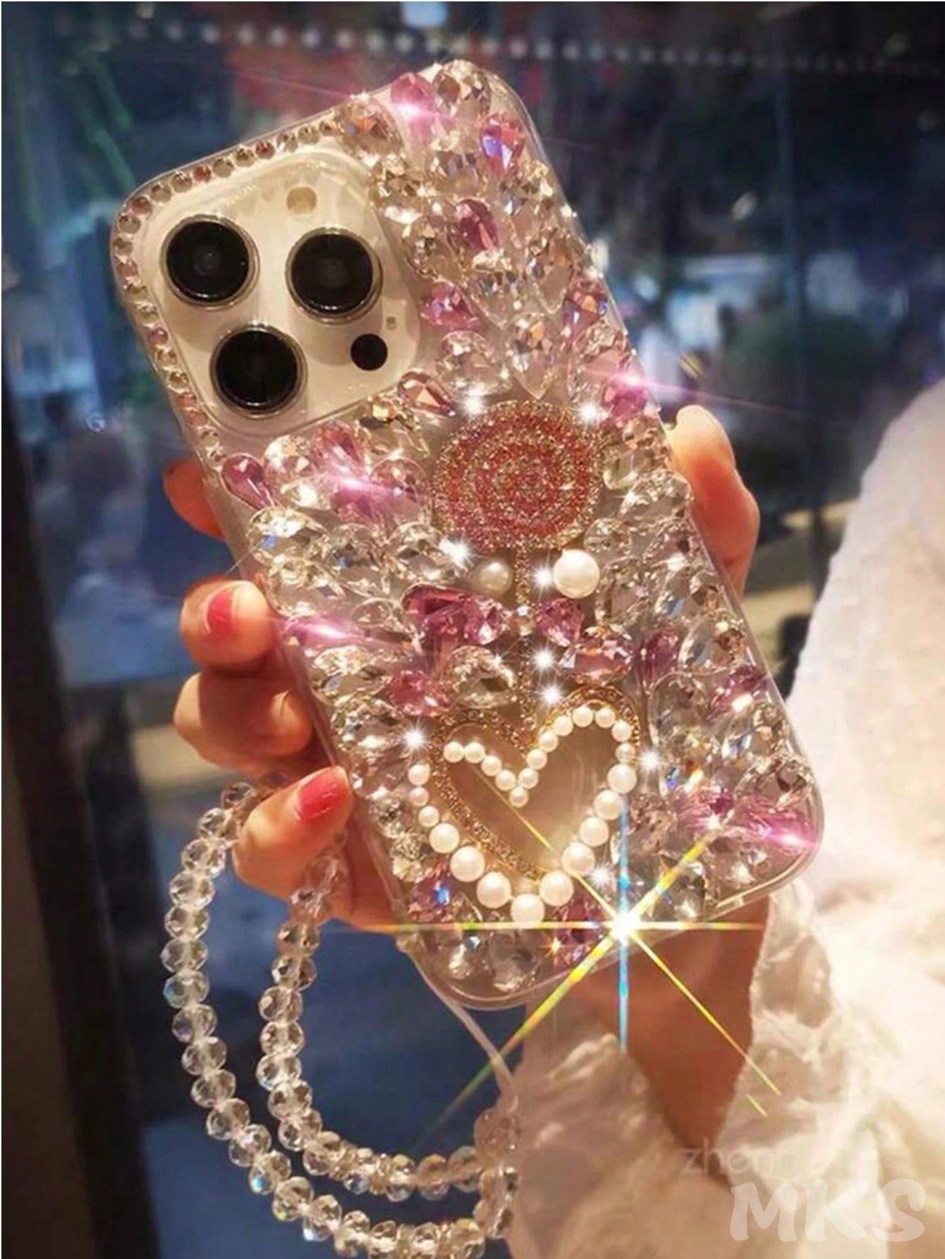 Alloy Luxury Pink Sparkling Sequin Bling Rhinestone Metallic Faux Pearl Heart Shock-Proof Fashion Phone Case Compatible With IPhone 16 Pro Max 15 Plus Galaxy S Series International Version Spring Birt
