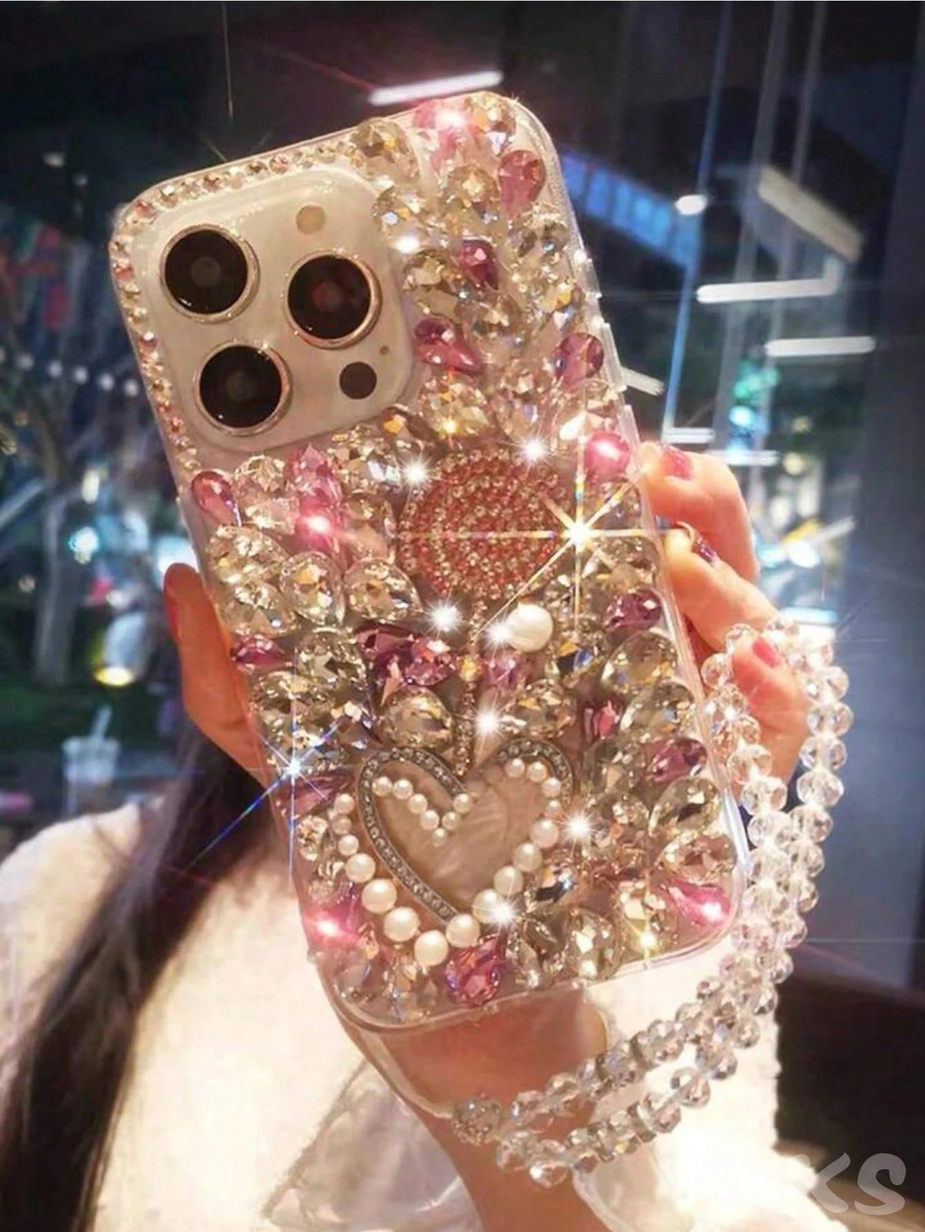 Alloy Luxury Pink Sparkling Sequin Bling Rhinestone Metallic Faux Pearl Heart Shock-Proof Fashion Phone Case Compatible With IPhone 16 Pro Max 15 Plus Galaxy S Series International Version Spring Birt