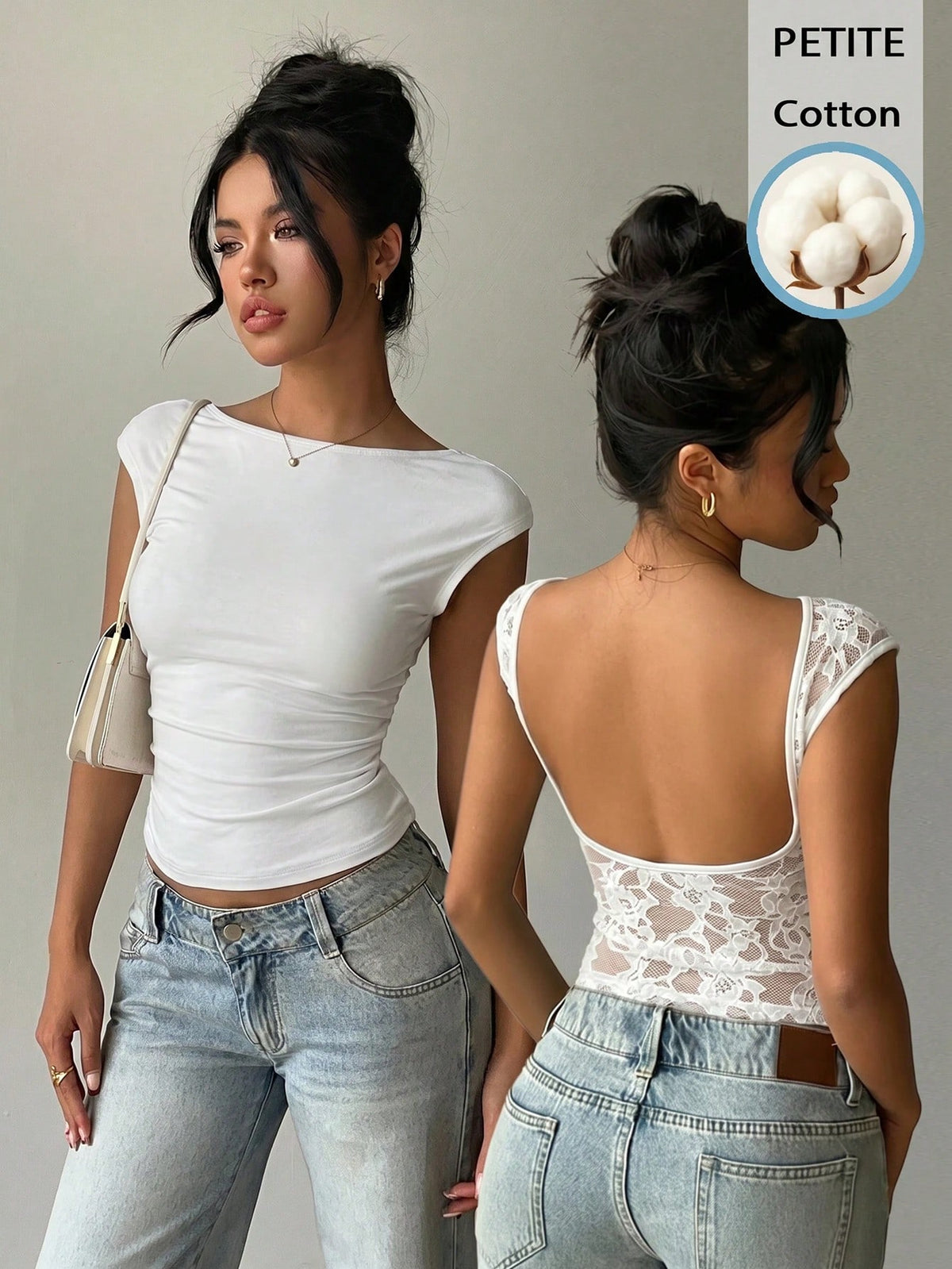 Aloruh 95% Cotton White Lace Patchwork Short Sleeve T-Shirt Sexy Backless Top Suitable For Summer,Petite Women