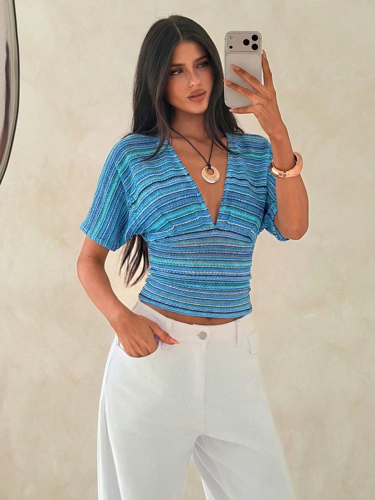 Aloruh Apricot Deep V-Neck Gathered Short Sleeve Loose Top Tight Bottom Women's T-Shirt