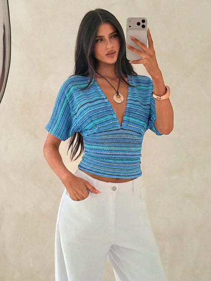 Aloruh Apricot Deep V-Neck Gathered Short Sleeve Loose Top Tight Bottom Women's T-Shirt