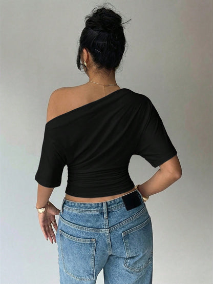 Aloruh Asymmetric Shoulder Loose Top With Cinched Waist, Minimalist Basic T-Shirt,Summer Top