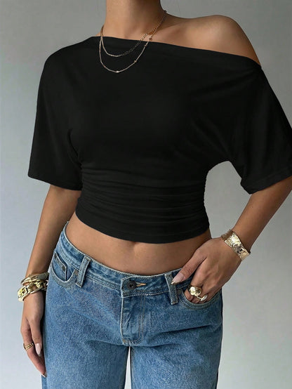 Aloruh Asymmetric Shoulder Loose Top With Cinched Waist, Minimalist Basic T-Shirt,Summer Top