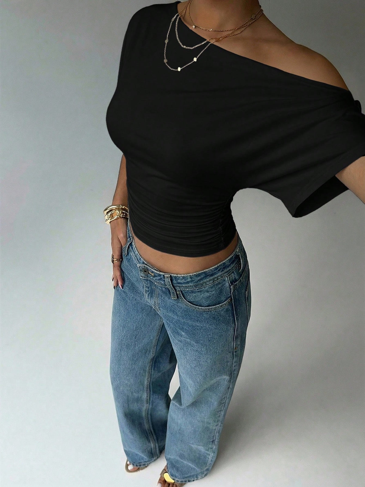 Aloruh Asymmetric Shoulder Loose Top With Cinched Waist, Minimalist Basic T-Shirt,Summer Top