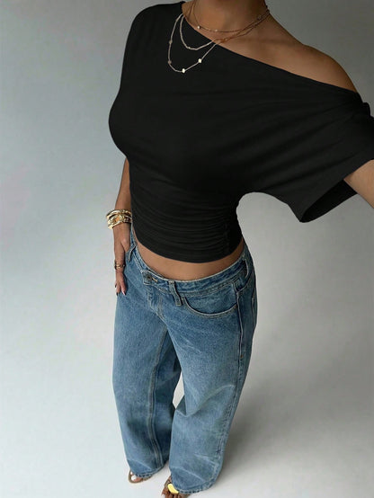 Aloruh Asymmetric Shoulder Loose Top With Cinched Waist, Minimalist Basic T-Shirt,Summer Top