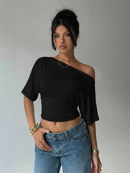 Aloruh Asymmetric Shoulder Loose Top With Cinched Waist, Minimalist Basic T-Shirt,Summer Top
