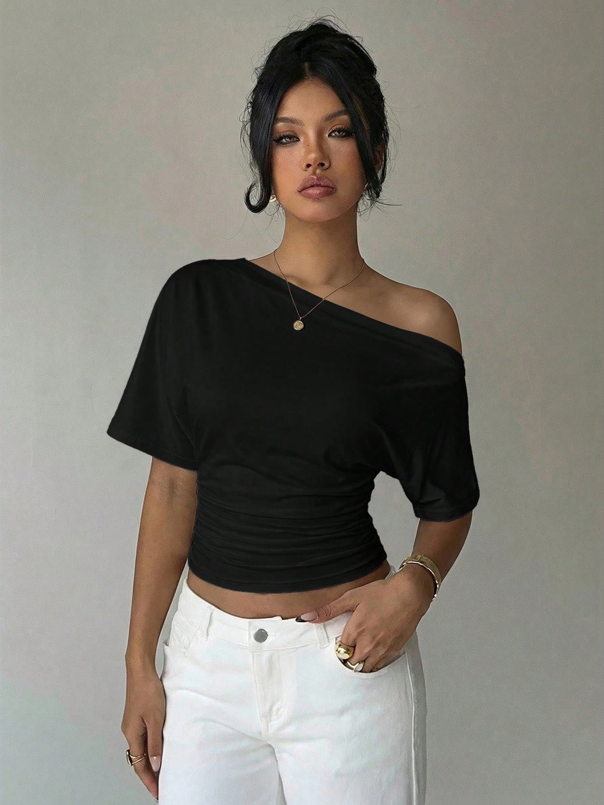Aloruh Asymmetric Shoulder Loose Top With Cinched Waist, Minimalist Basic T-Shirt,Summer Top