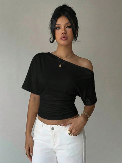 Aloruh Asymmetric Shoulder Loose Top With Cinched Waist, Minimalist Basic T-Shirt,Summer Top